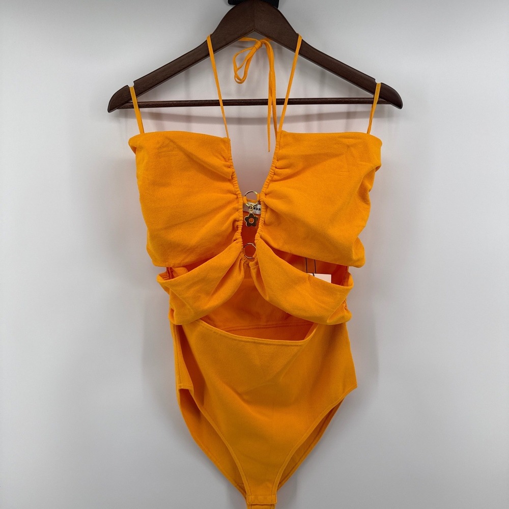 Sandro Assiya Orange Halter Cutout Bodysuit with Gold Flower Charm XL New